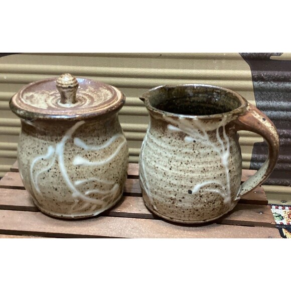 Art Pottery Creamer & Sugar Stoneware Brown Earth Tones White Drip Glaze Accent - Picture 1 of 15